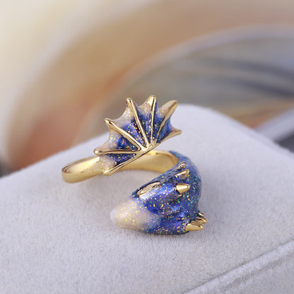 Beautiful Black Knight Dragon Enamel Ring with Gold and Gemstones