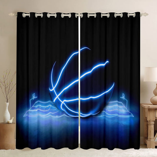 Erosebridal Basketball Blackout Curtains Sports Gaming Curtains & Drapes Glowing Ball Curtains 104Wx96L Boys Basketball Gamer Living Room Curtains Neon Court Window Curtains Black Blue