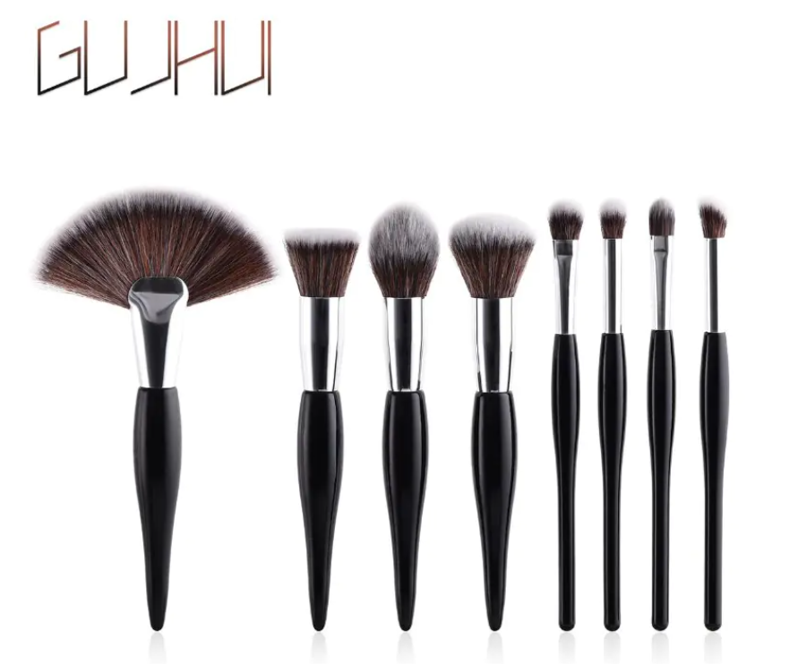 8-Piece Makeup Brush Set with Black Handle and Silver Tubes ( check pack option before buying)