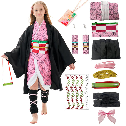 JIZAZIHU Kids Kimono Costume Cosplay Outfits Set Cloak Halloween Uniform Jackets Cape Costume for kids Adult (Pink Accessory Set Tag 150)