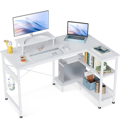 ODK 47 Inch Small L Shaped Computer Desk with Reversible Storage Shelves with Monitor Stand for Small Space Modern Table for Home Workstation White