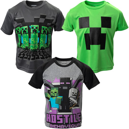 Minecraft Creeper Enderman Skeleton Little Boys 3 Pack Graphic T-Shirts Gray/Green 7-8