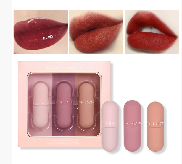 3-Piece Matte Lip Gloss Set - Non-Stick to Cup (Beautiful natural red)