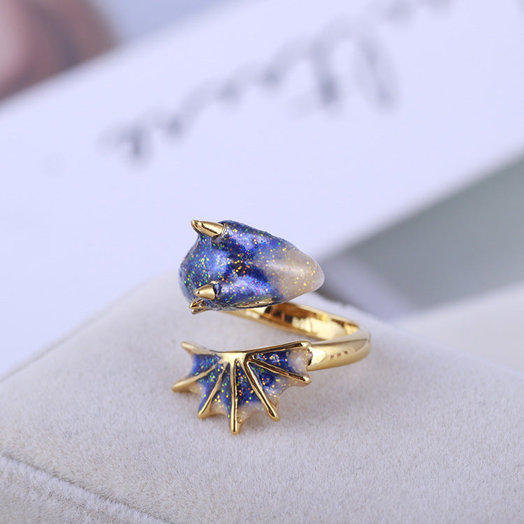 Beautiful Black Knight Dragon Enamel Ring with Gold and Gemstones