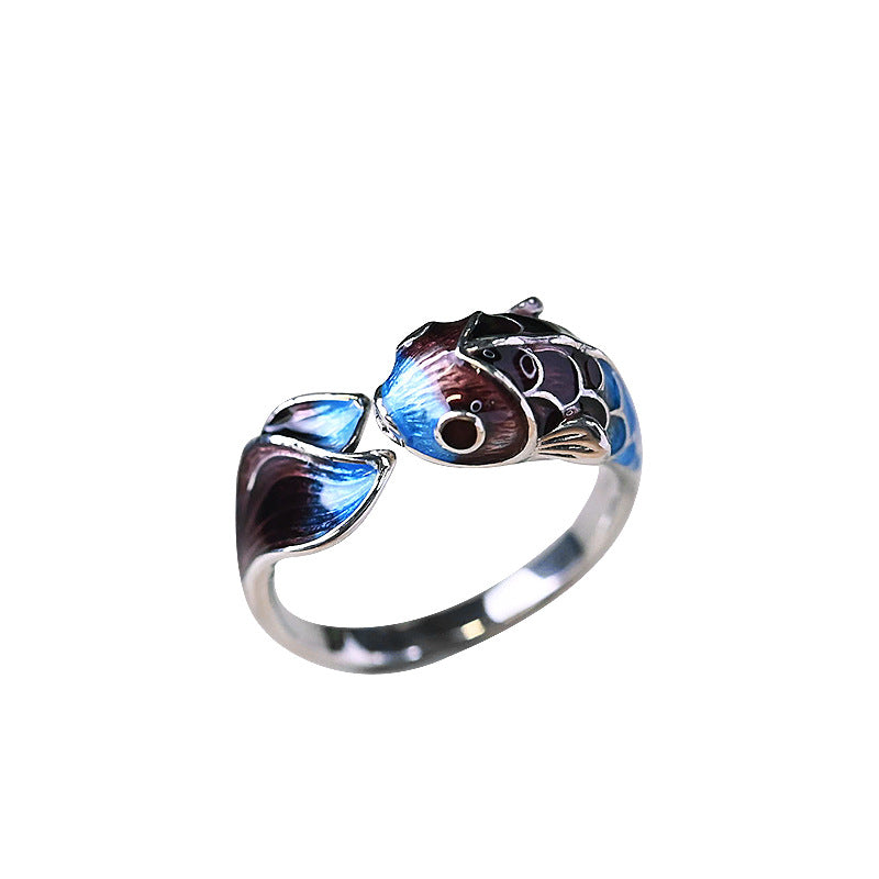 Burnt Blue Enamel Handmade Ring in Retro Ethnic Style
