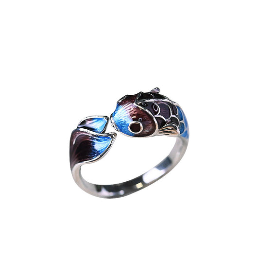 Burnt Blue Enamel Handmade Ring in Retro Ethnic Style