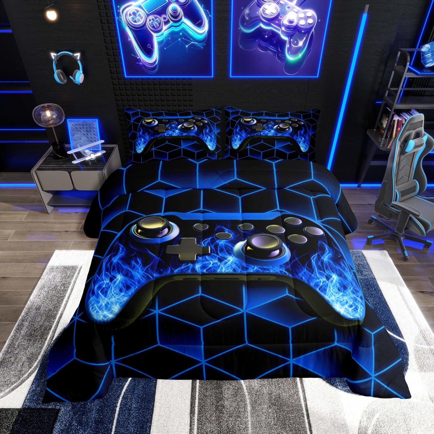 Blue Game Console Comforter Set for Boys Gamer GiftsNeon Geometry Gamer Bedding Set3D Geometric Boys Comforter Set Flame Gaming Consoles Gamer Decor for Boys Bedroom Decor