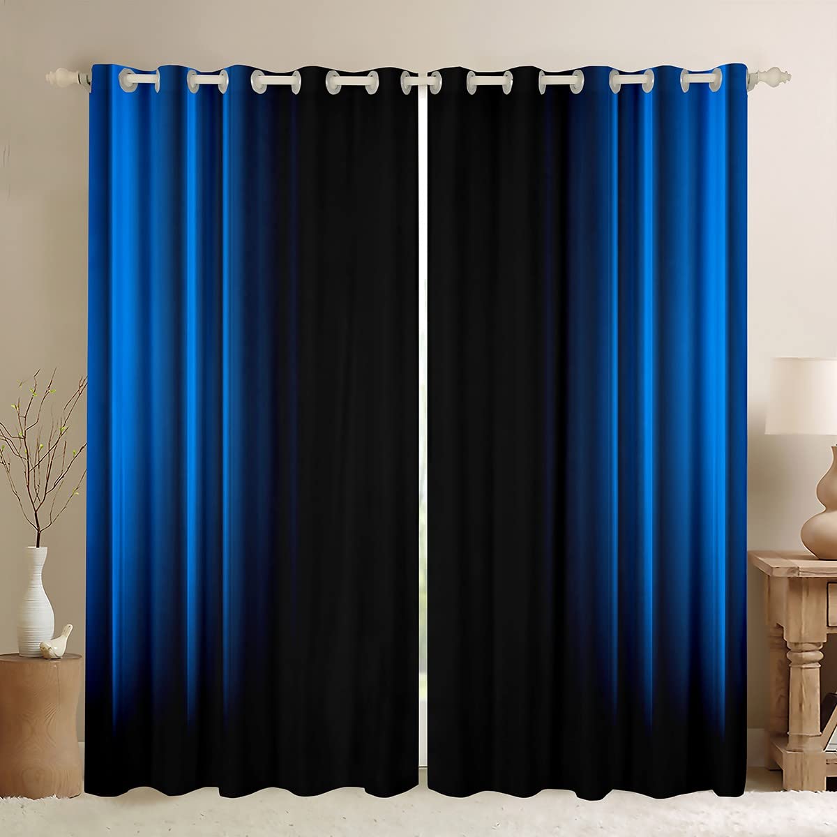 Geometric Abstract Ombre Window Curtains for Bedroom Living Room Kids Teens Blue and Black Striped Curtains Decor Modern Fashion Window Drapes Treatments 52W X 63L2 Panels