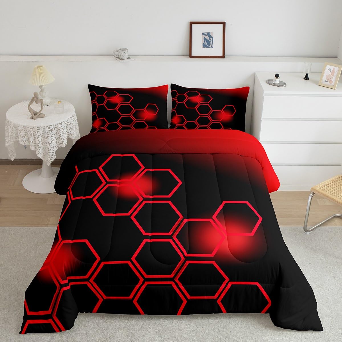 Feelyou Red and Black Bedding Set Twin Size Honeycomb Comforter Set for Kids Boys Girls Decor Geometrical Comforter Beehive Geometric Pattern Duvet Set Bedroom Quilt Set