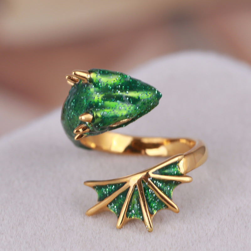 Beautiful Black Knight Dragon Enamel Ring with Gold and Gemstones