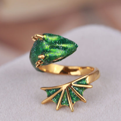 Beautiful Black Knight Dragon Enamel Ring with Gold and Gemstones