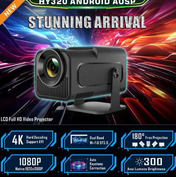 HY320 Android HD Smart Projector 390 ANSI lumens 1080p 2.4g 5G dual-band WiFi(WiFi6) /Bluetooth BT5.0