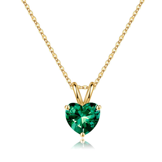 Women Birthstone Necklace Heart ((Created)) Emerald Necklace Rhodium Plated 925 Sterling Silver May Birthstone Necklace