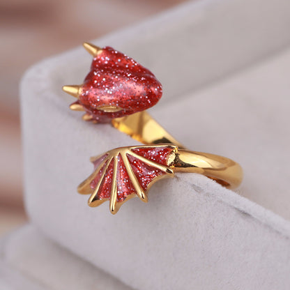 Beautiful Black Knight Dragon Enamel Ring with Gold and Gemstones