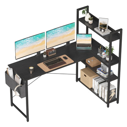 Treesland 55 Inch Computer Desk with Storage Shelves L Shaped Desk with Storage Corner Desk with Storage Home Office Desks Bookshelf Desk Writing Study Desk for Bedroom Black