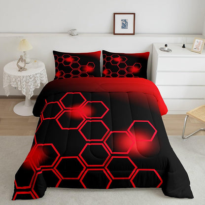 Feelyou Red and Black Bedding Set Twin Size Honeycomb Comforter Set for Kids Boys Girls Decor Geometrical Comforter Beehive Geometric Pattern Duvet Set Bedroom Quilt Set