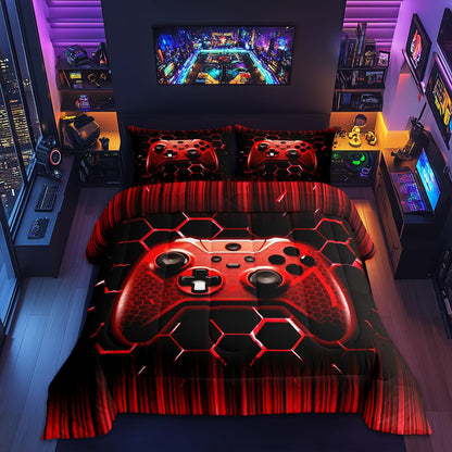 Manfei Kids Gaming Comforter Set Twin Size Red Geometric Gamepad Bedding Set 2pcs for Boys Girls Game Room Decor Modern Gamer Down Comforter Videogames Reversible Quilt Set with 1 Pillowcase