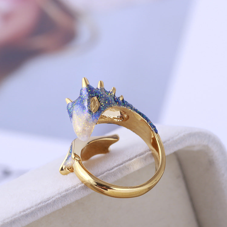 Beautiful Black Knight Dragon Enamel Ring with Gold and Gemstones