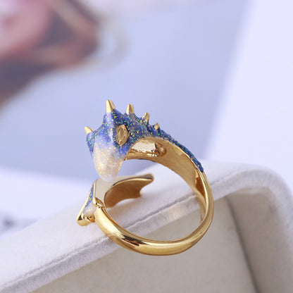 Beautiful Black Knight Dragon Enamel Ring with Gold and Gemstones